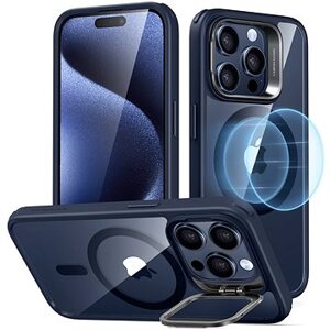 ESR Classic Hybrid Case with Stash Stand (HaloLock), Compatible with iPhone 15 Pro, Clear Dark Blue